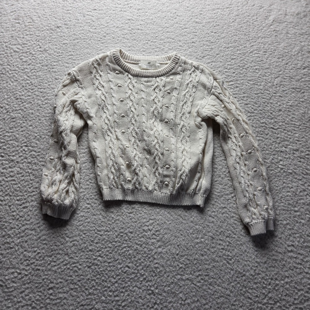 H&M Sweater Youth 5-6 Years White Cable Knit Bobble Crew Neck Cotton Pullover